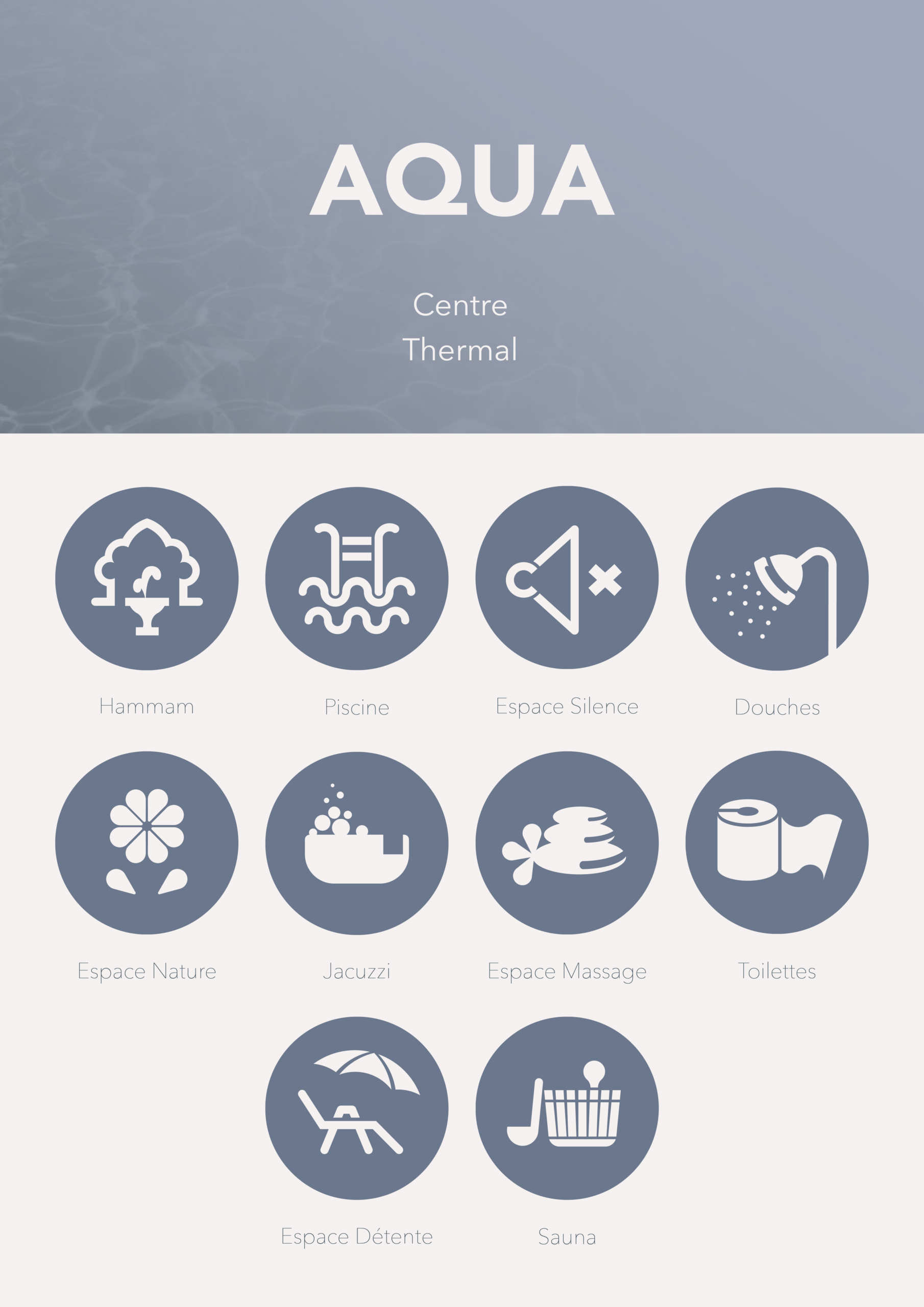 Système de signalétique AQUA avec l’ensemble des pictogrammes du centre thermal