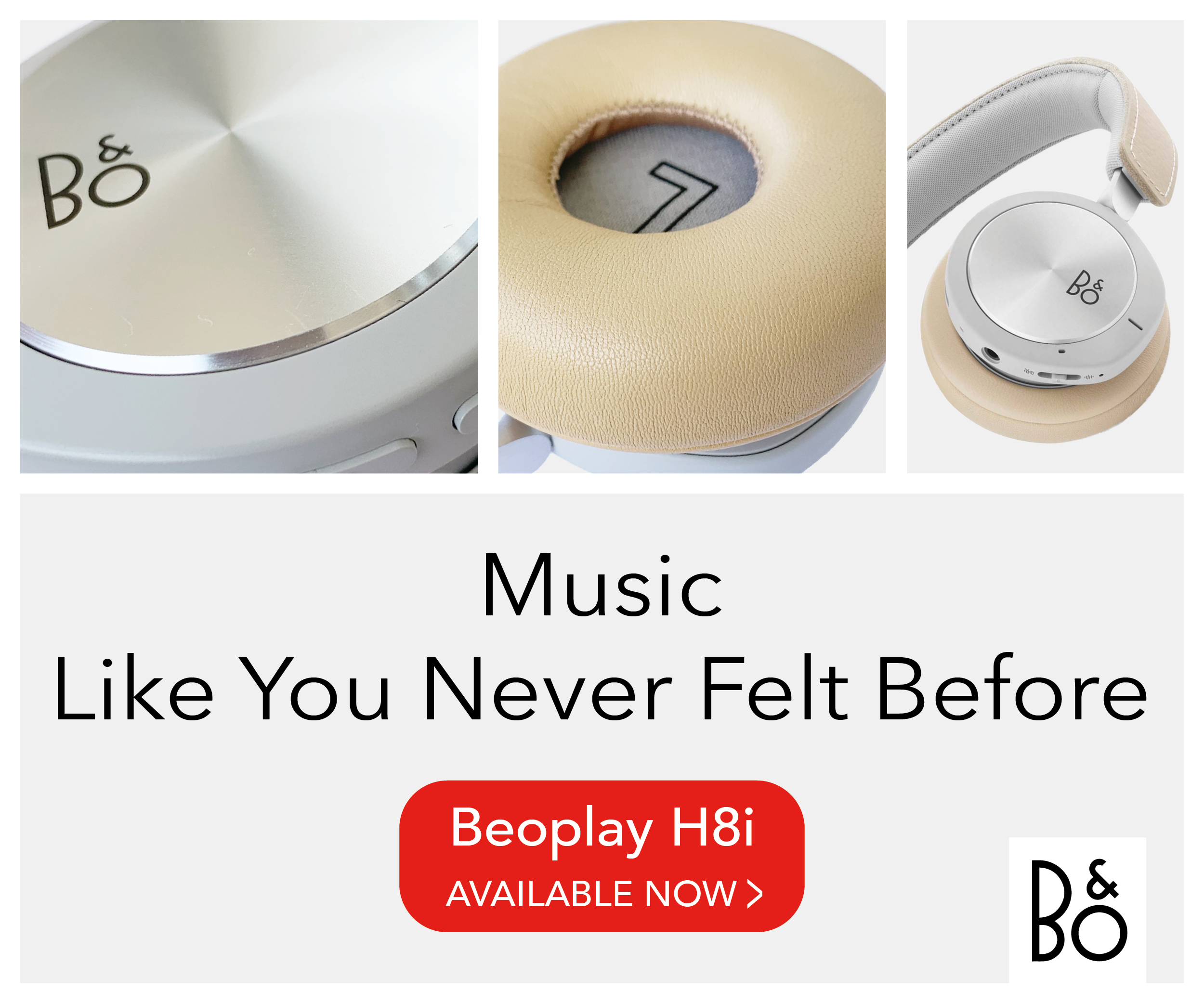 Bang & Olufsen - campagne produit Composition publicitaire combinant photographie produit et slogan pour le Beoplay H8i