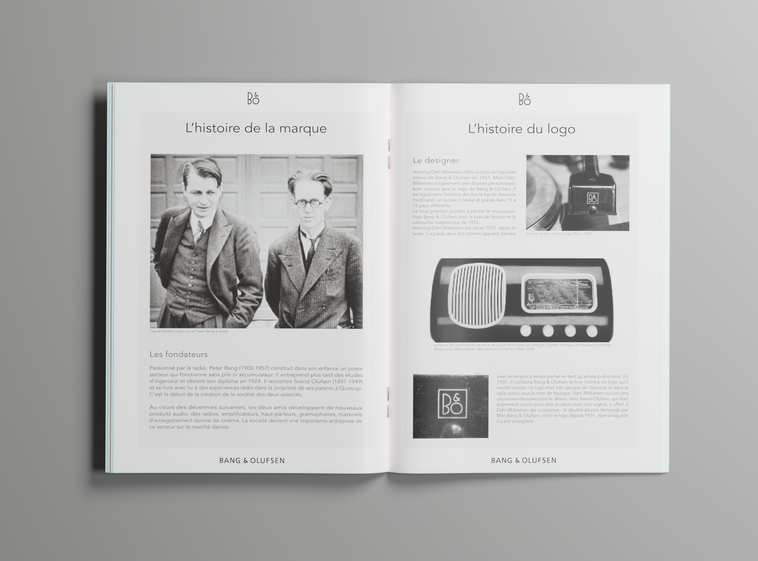 Double page éditoriale consacrée à l’histoire de Bang & Olufsen et de son logo
