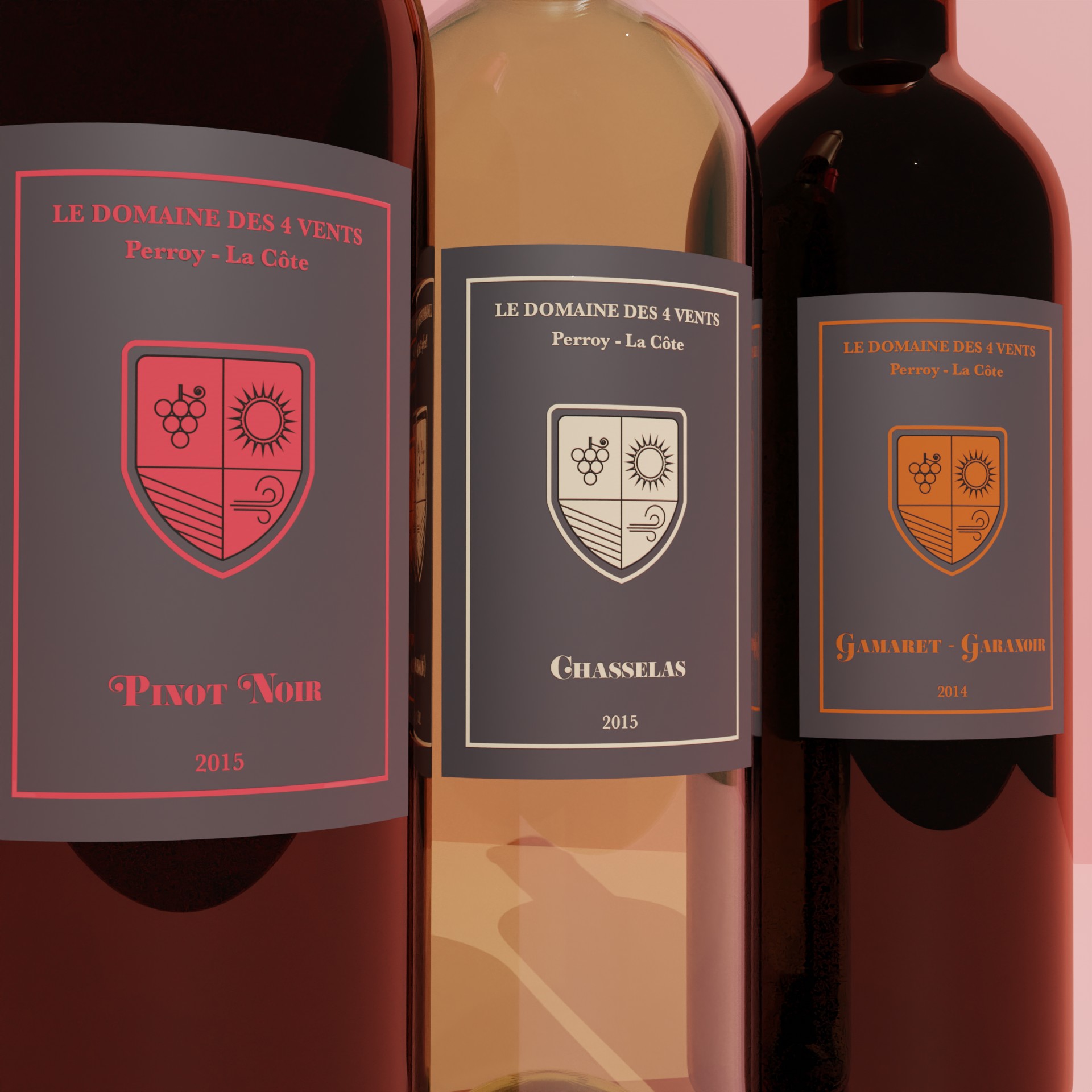 Vue rapprochée des trois étiquettes de la gamme Domaine des 4 Vents