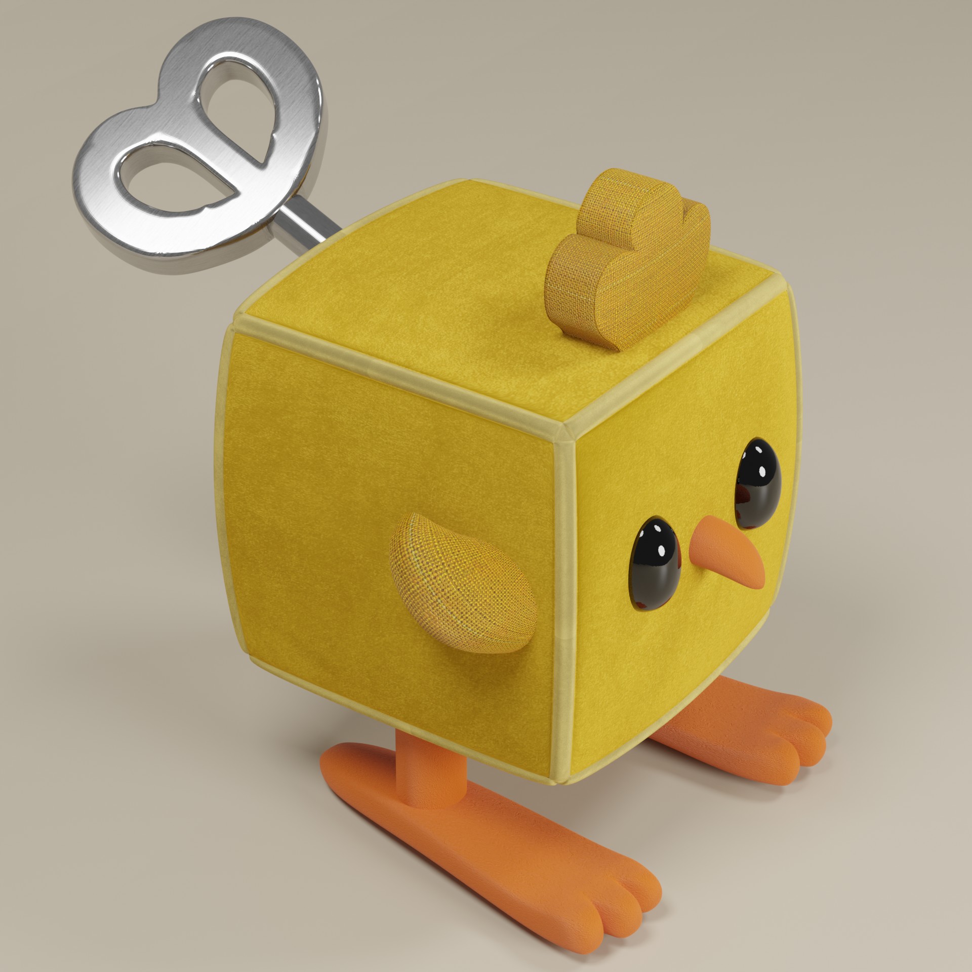 Vue trois quarts de la mascotte 3D avec clé mécanique