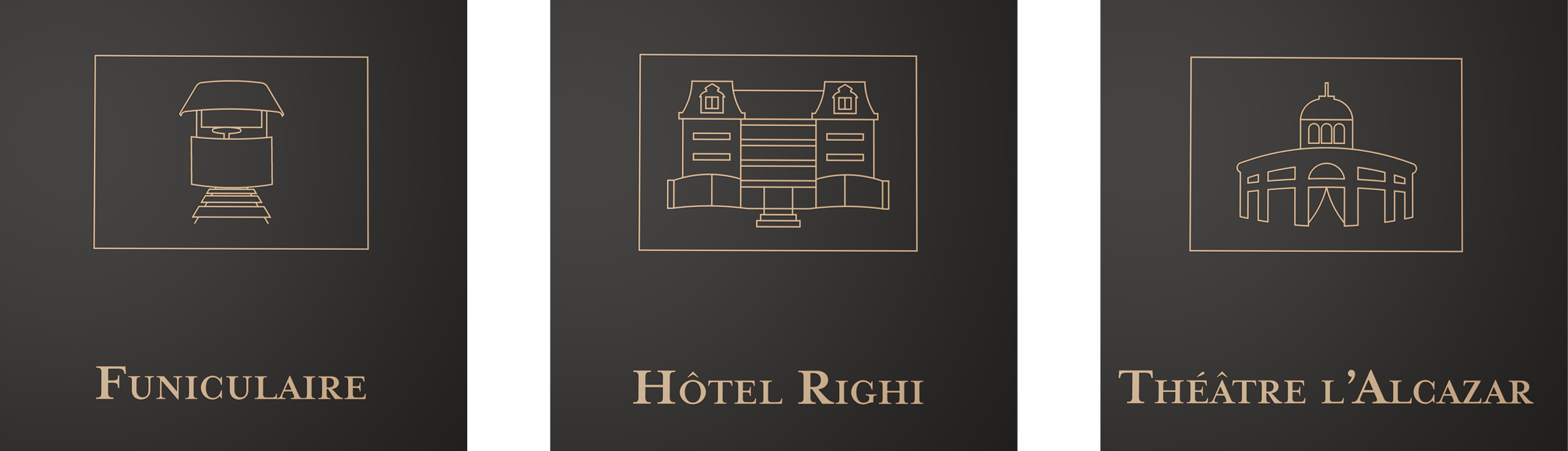 Pictogrammes du Funiculaire, de l’Hôtel Righi et du Théâtre l’Alcazar