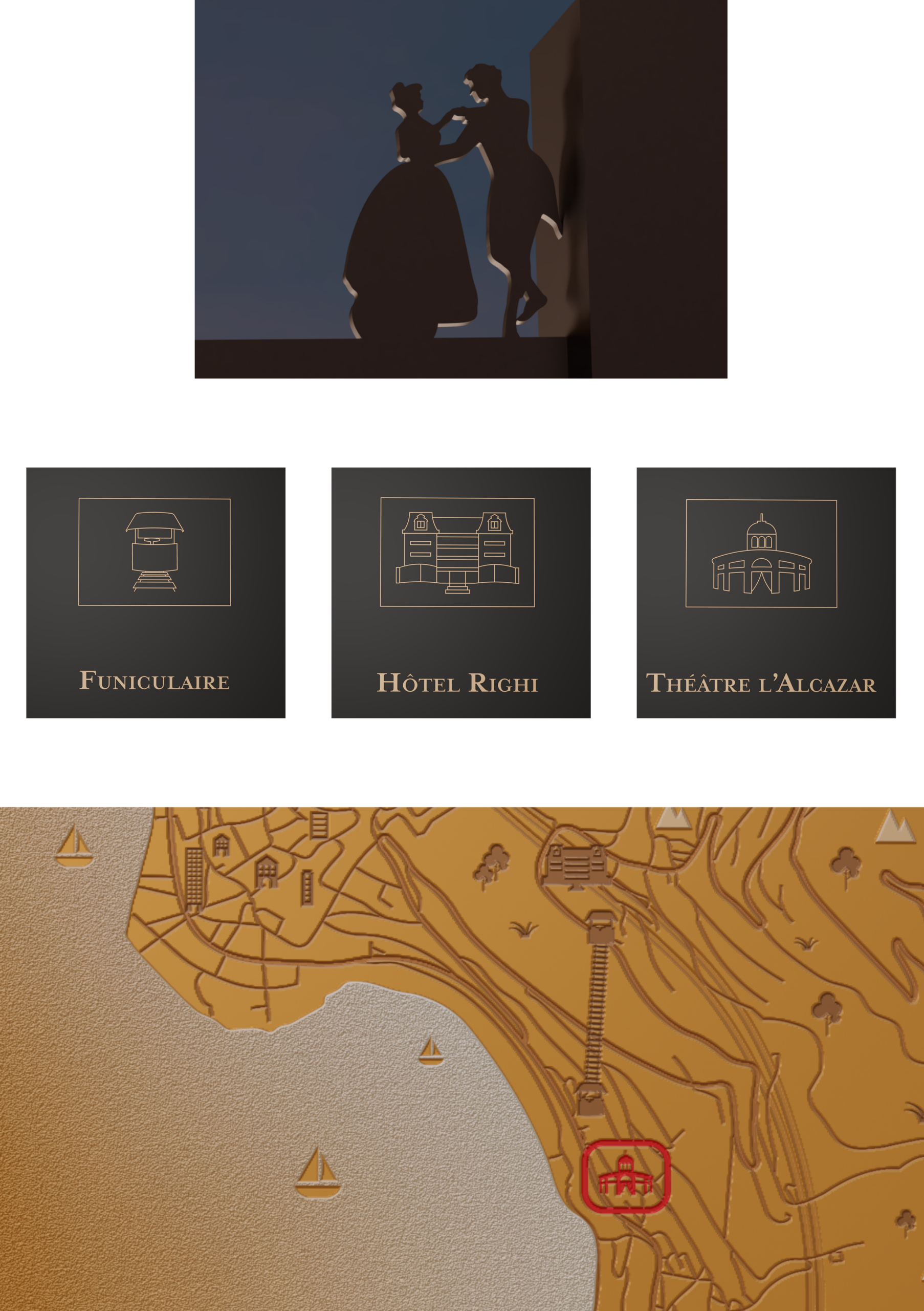 Synthèse du système visuel des panneaux touristiques avec identités et carte